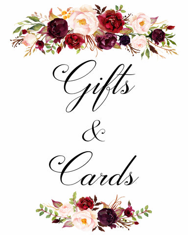 Gifts and cards Marsala floral white wedding sign printable