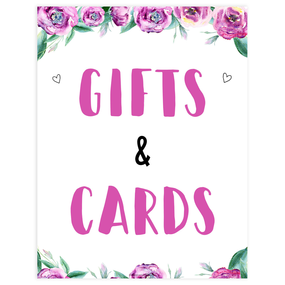 gifts and cards baby shower signs, printable baby shower signs, purple peonies baby decor, fun baby shower decor