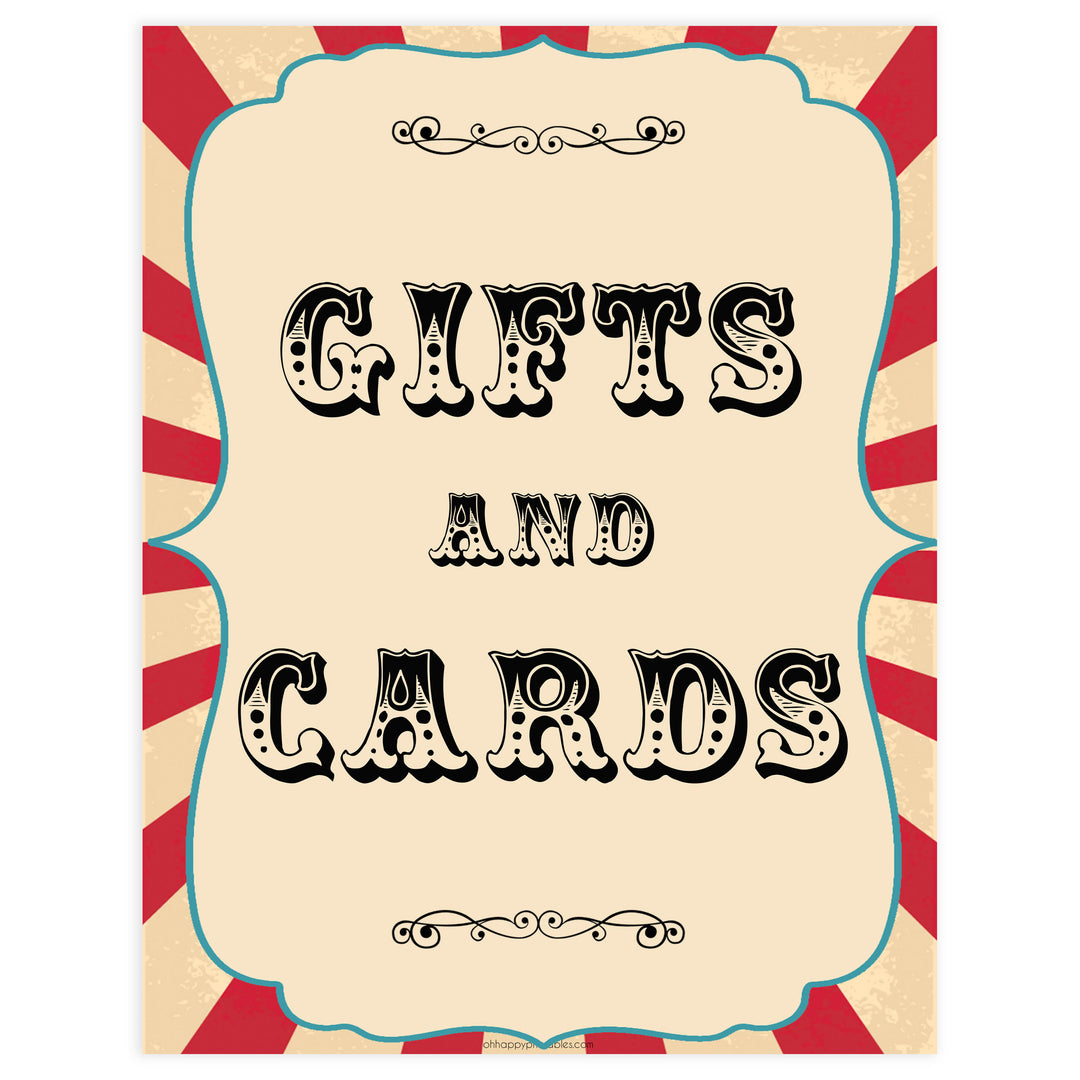 gifts and cards baby table sign, gifts and card baby decor sign, Circus baby decor, printable baby table signs, printable baby decor, carnival table signs, fun baby signs, circus fun baby table signs