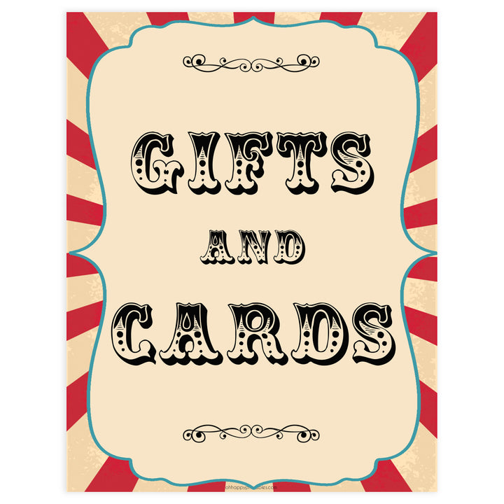 gifts and cards baby table sign, gifts and card baby decor sign, Circus baby decor, printable baby table signs, printable baby decor, carnival table signs, fun baby signs, circus fun baby table signs