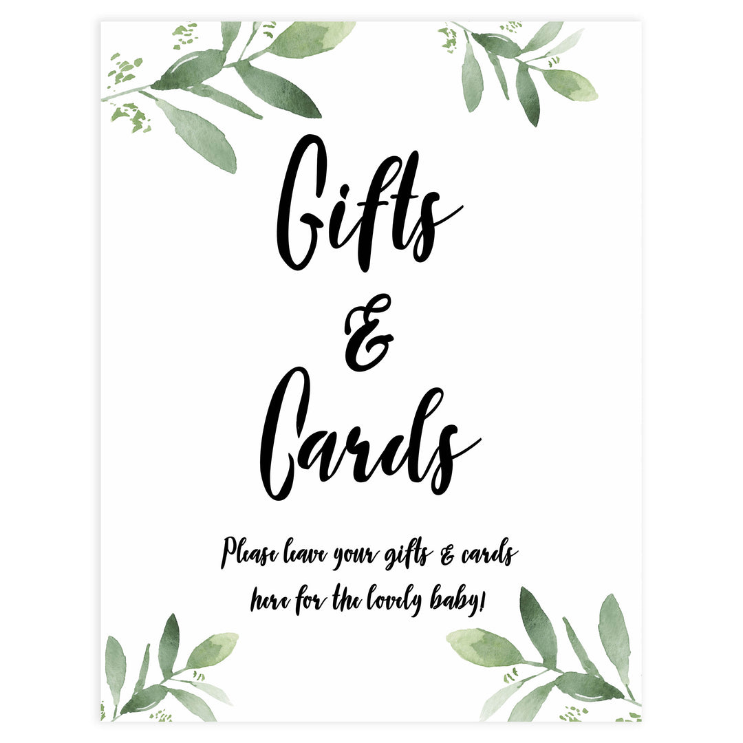 gifts and cards baby shower signs, printable baby shower signs, botanical baby shower decor, floral baby table signs