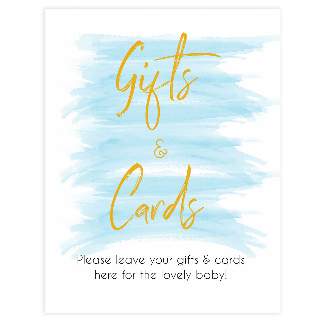 blue watercolor baby shower games, printable baby decor, gifts and cards baby signs, fun baby shower ideas
