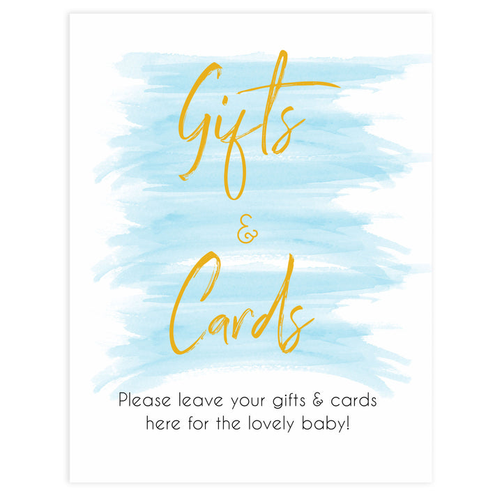 blue watercolor baby shower games, printable baby decor, gifts and cards baby signs, fun baby shower ideas