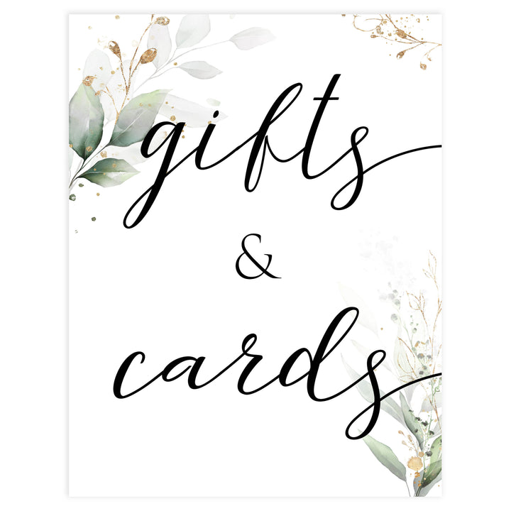 Gold green leaf baby signs, gifts and cards sign, printable baby shower decor, fun baby signs, top baby games to play, gold leaf baby shower decor, greenery baby shower ideas