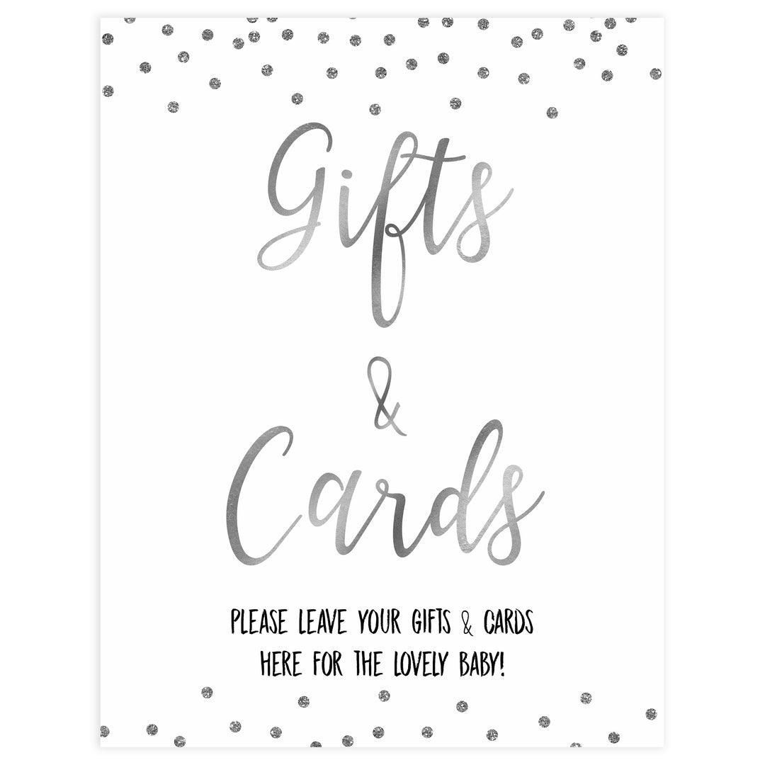 gifts and cards baby table sign, baby gifts and cards, Baby silver glitter baby decor, printable baby table signs, printable baby decor, baby silver glitter table signs, fun baby signs, baby silver fun baby table signs