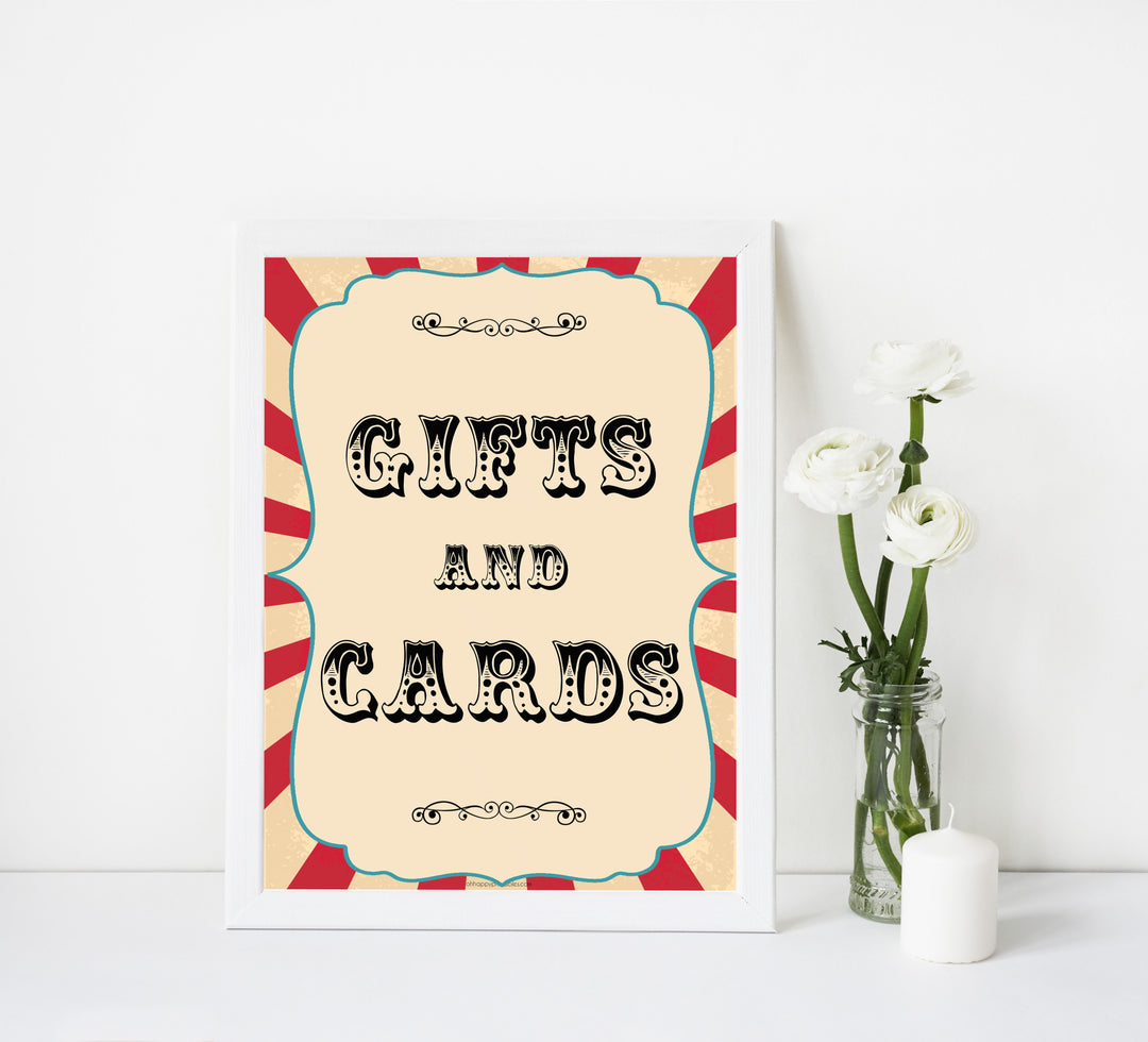 gifts and cards baby table sign, gifts and card baby decor sign, Circus baby decor, printable baby table signs, printable baby decor, carnival table signs, fun baby signs, circus fun baby table signs