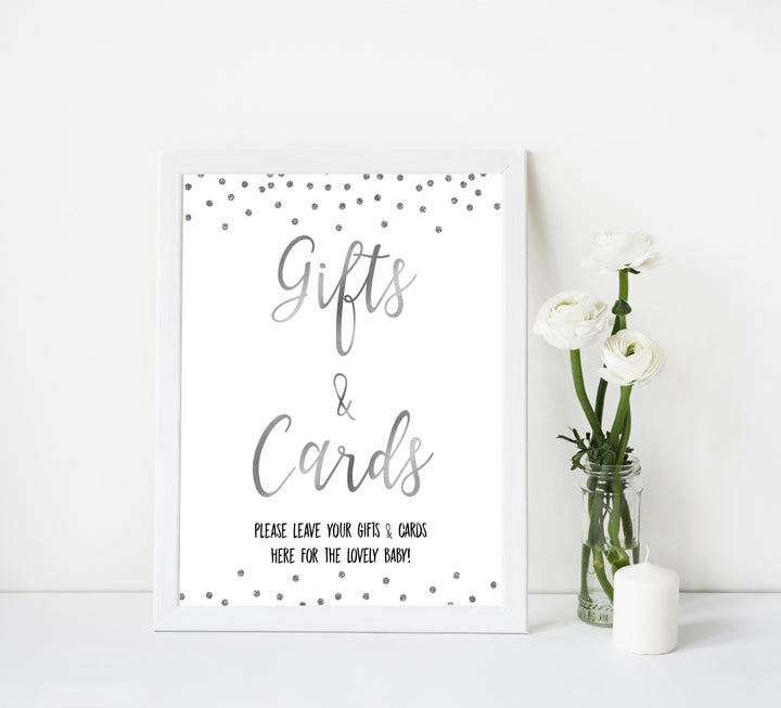 gifts and cards baby table sign, baby gifts and cards, Baby silver glitter baby decor, printable baby table signs, printable baby decor, baby silver glitter table signs, fun baby signs, baby silver fun baby table signs