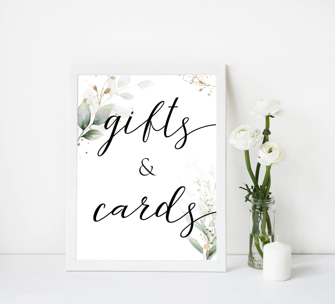 Gold green leaf baby signs, gifts and cards sign, printable baby shower decor, fun baby signs, top baby games to play, gold leaf baby shower decor, greenery baby shower ideas