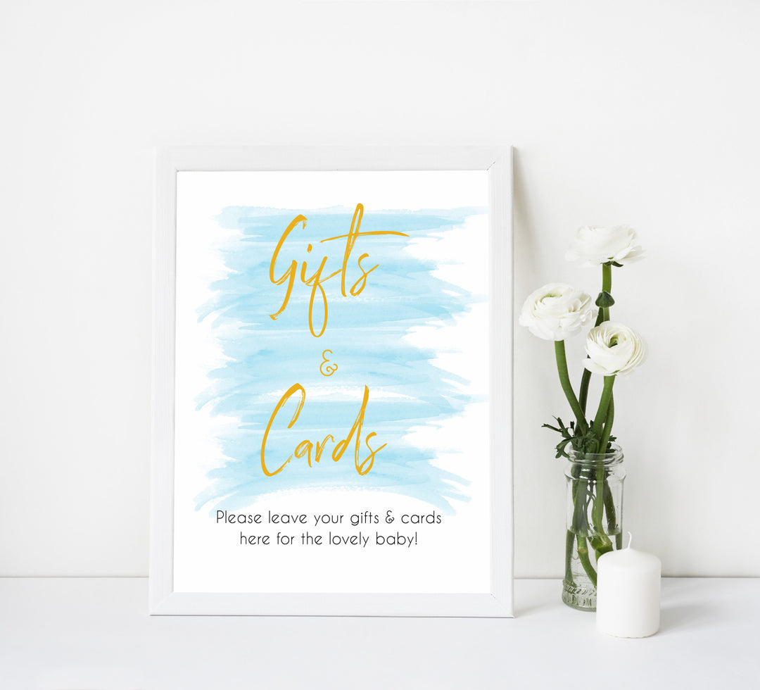 blue watercolor baby shower games, printable baby decor, gifts and cards baby signs, fun baby shower ideas