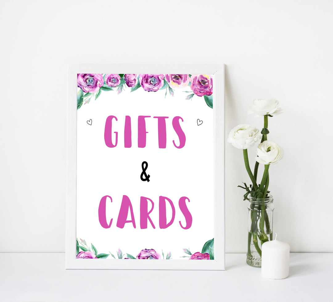 gifts and cards baby shower signs, printable baby shower signs, purple peonies baby decor, fun baby shower decor