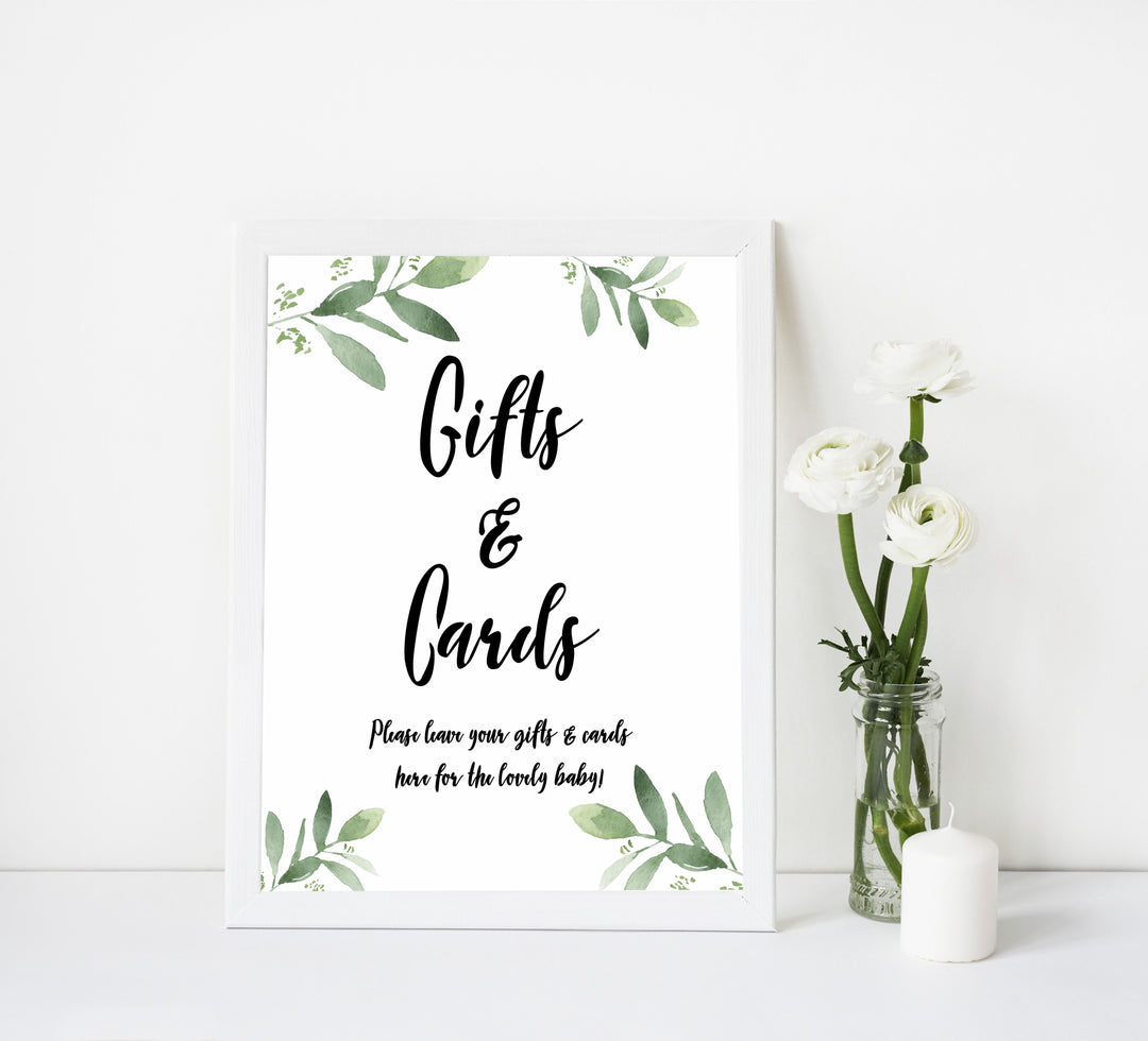 gifts and cards baby shower signs, printable baby shower signs, botanical baby shower decor, floral baby table signs