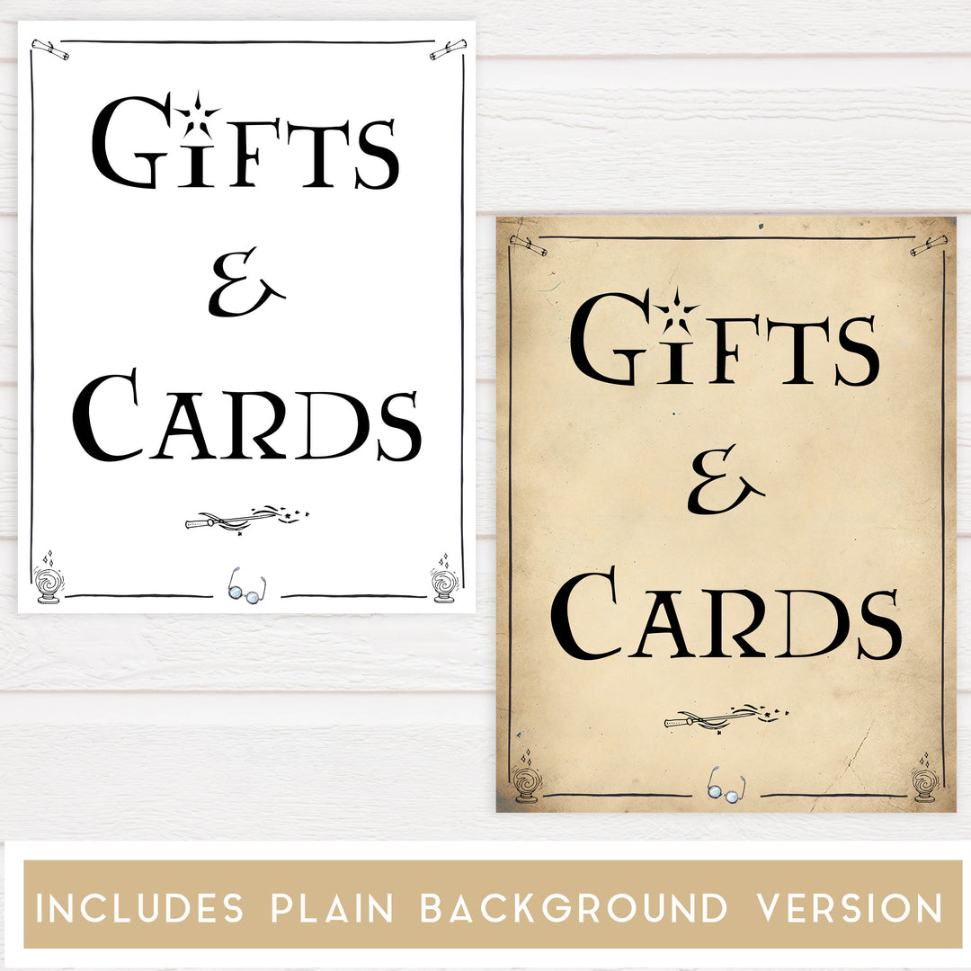 Gifts and Cards baby sign, Wizard baby shower signs, printable baby shower decor, Harry Potter baby decor, Harry Potter baby shower ideas, fun baby decor, fun baby signs