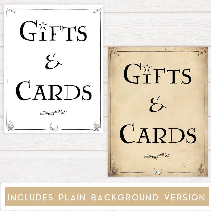 Gifts and Cards baby sign, Wizard baby shower signs, printable baby shower decor, Harry Potter baby decor, Harry Potter baby shower ideas, fun baby decor, fun baby signs