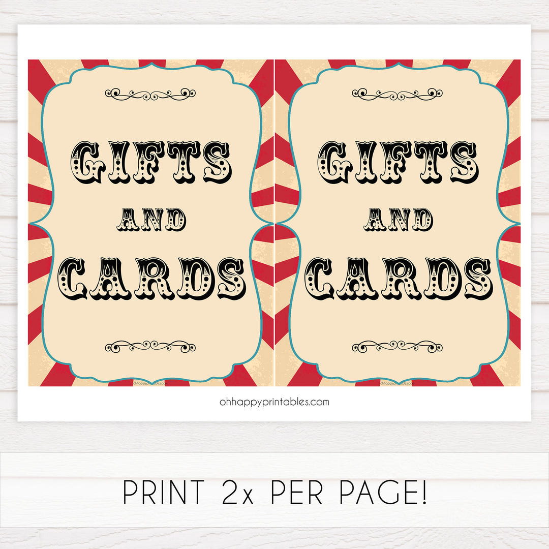 gifts and cards baby table sign, gifts and card baby decor sign, Circus baby decor, printable baby table signs, printable baby decor, carnival table signs, fun baby signs, circus fun baby table signs