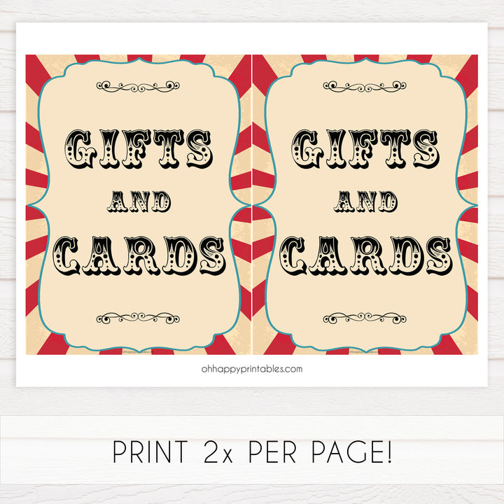 gifts and cards baby table sign, gifts and card baby decor sign, Circus baby decor, printable baby table signs, printable baby decor, carnival table signs, fun baby signs, circus fun baby table signs