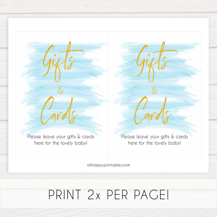 blue watercolor baby shower games, printable baby decor, gifts and cards baby signs, fun baby shower ideas