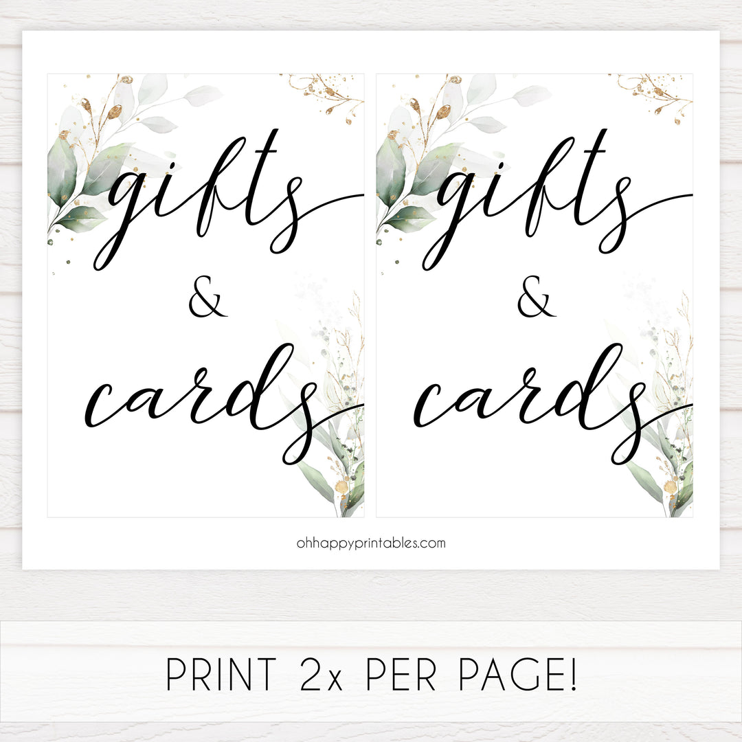 Gold green leaf baby signs, gifts and cards sign, printable baby shower decor, fun baby signs, top baby games to play, gold leaf baby shower decor, greenery baby shower ideas