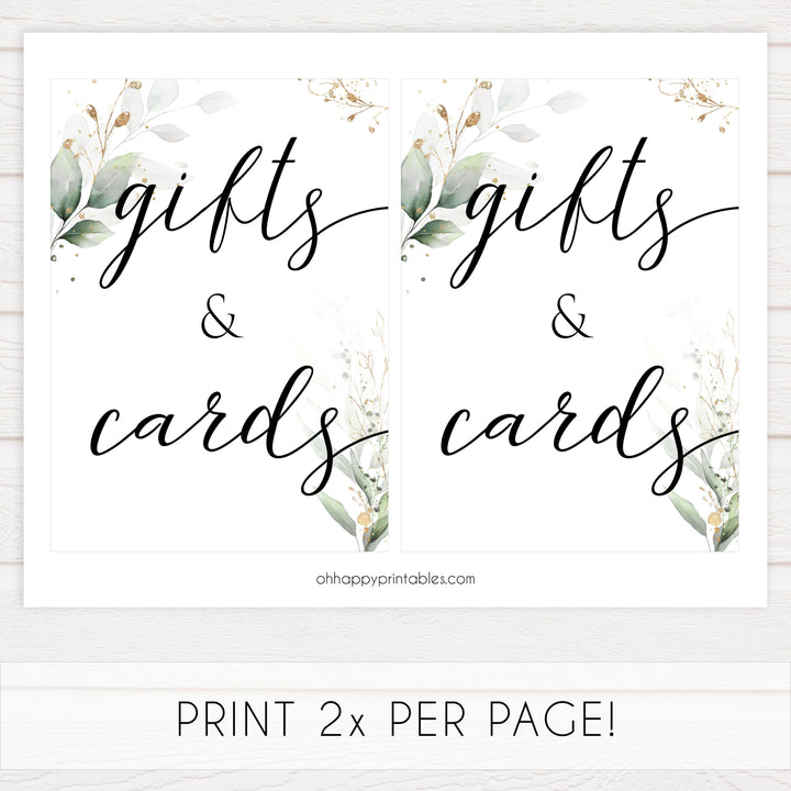 Gold green leaf baby signs, gifts and cards sign, printable baby shower decor, fun baby signs, top baby games to play, gold leaf baby shower decor, greenery baby shower ideas