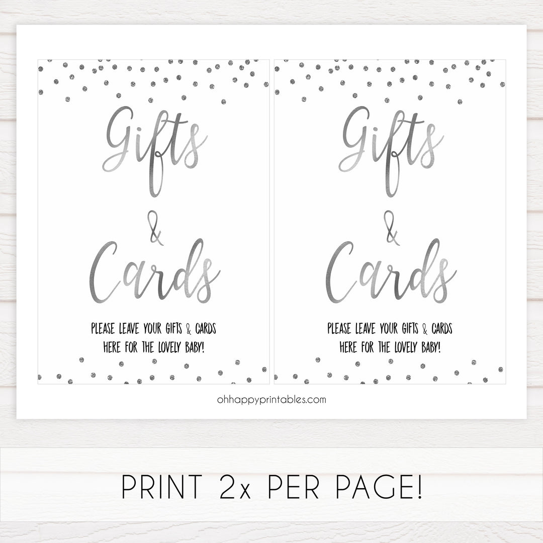 gifts and cards baby table sign, baby gifts and cards, Baby silver glitter baby decor, printable baby table signs, printable baby decor, baby silver glitter table signs, fun baby signs, baby silver fun baby table signs