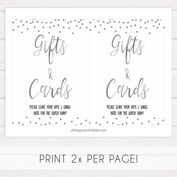 gifts and cards baby table sign, baby gifts and cards, Baby silver glitter baby decor, printable baby table signs, printable baby decor, baby silver glitter table signs, fun baby signs, baby silver fun baby table signs
