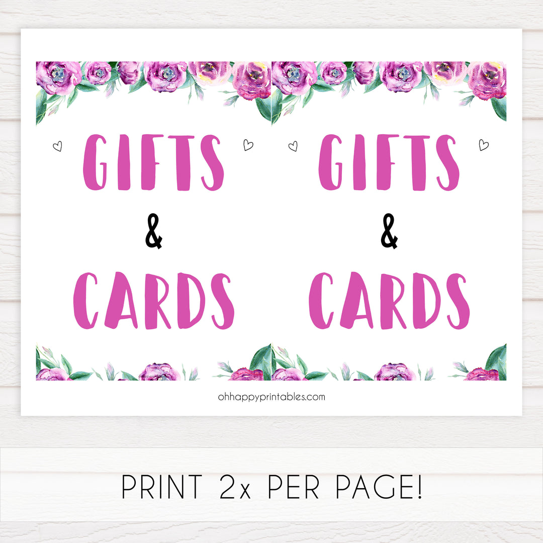 gifts and cards baby shower signs, printable baby shower signs, purple peonies baby decor, fun baby shower decor