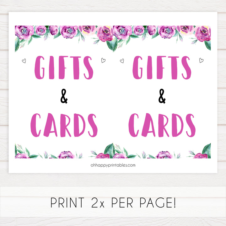 gifts and cards baby shower signs, printable baby shower signs, purple peonies baby decor, fun baby shower decor