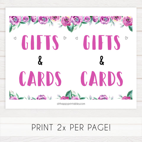 gifts and cards baby shower signs, printable baby shower signs, purple peonies baby decor, fun baby shower decor