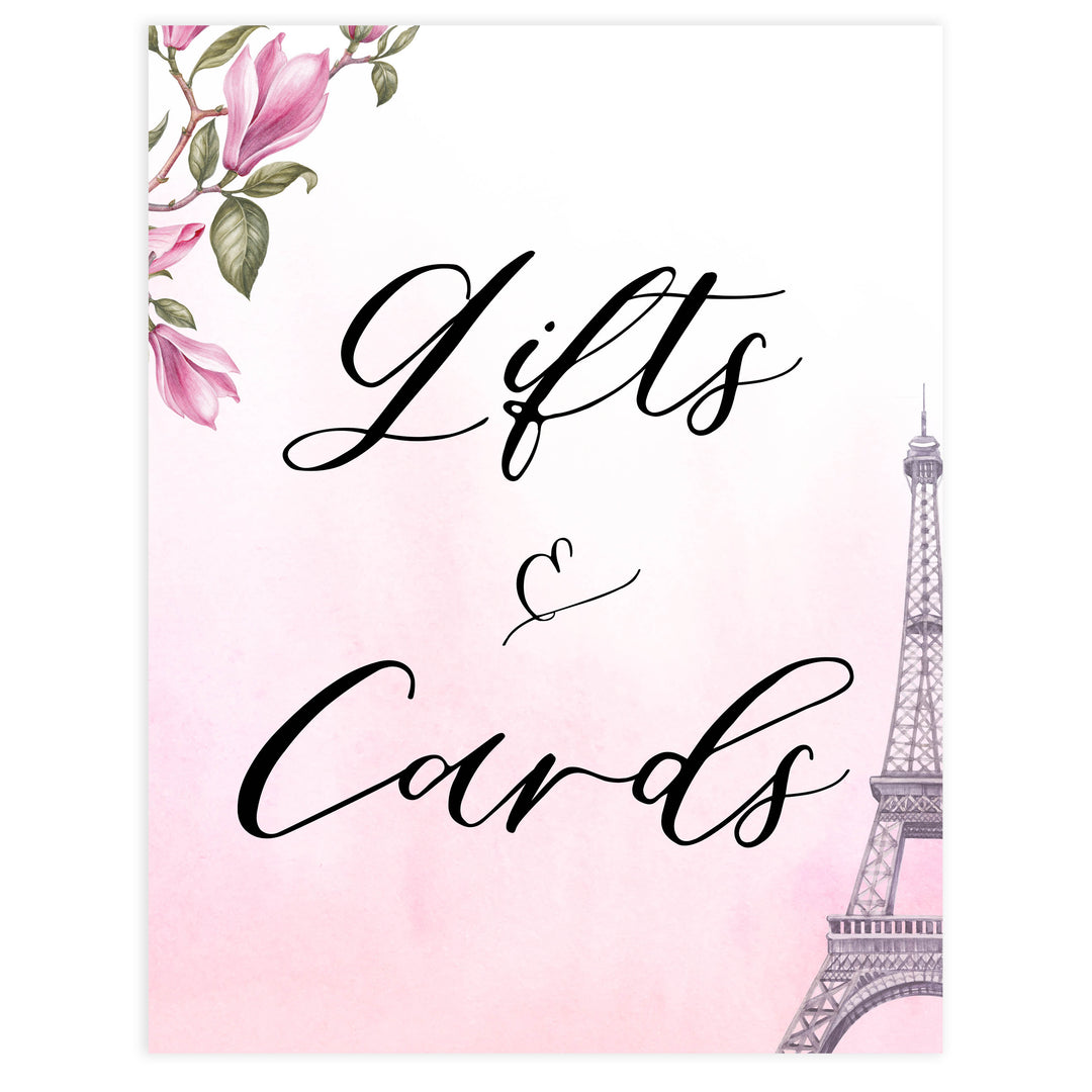 gifts and cards baby shower table signs, Paris baby shower games, printable baby shower games, Parisian baby shower games, fun baby shower games