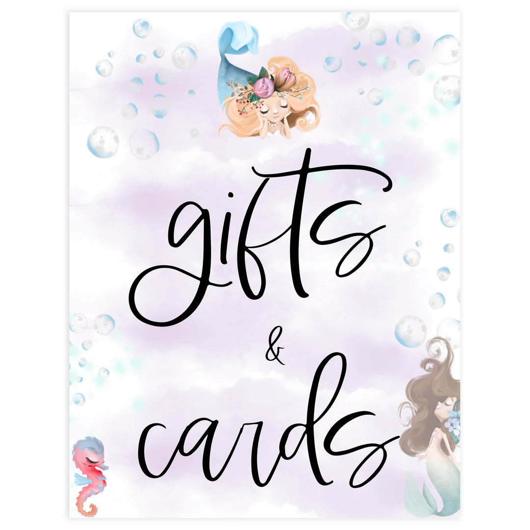 gifts and cards table sign, Little mermaid baby decor, printable baby table signs, printable baby decor, baby little mermaid table signs, fun baby signs, baby little mermaid fun baby table signs