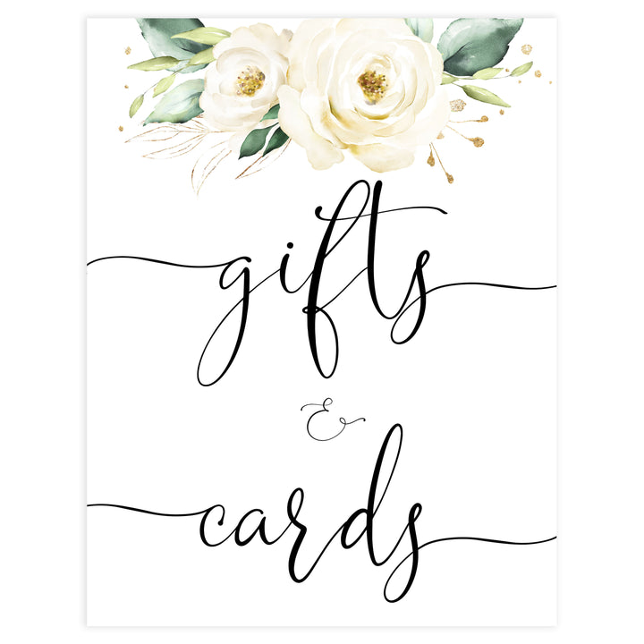 gifts and cards baby shower table signs,  White floral baby decor, printable baby table signs, printable baby decor, baby botanical table signs, fun baby signs, baby white floral fun baby table signs