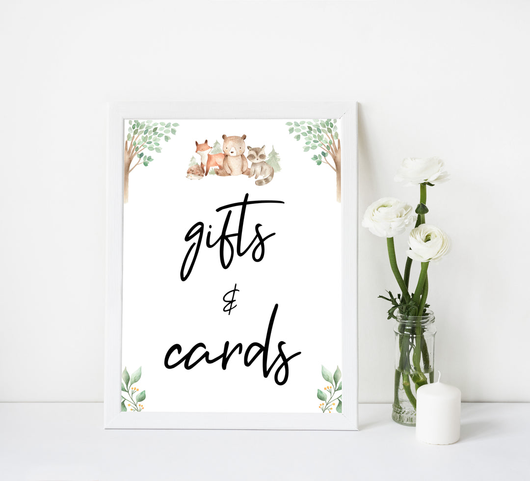 gifts and cards baby shower table signs, Woodland animals baby decor, printable baby table signs, printable baby decor, baby woodland animals table signs, fun baby signs, baby woodland animals fun baby table signs