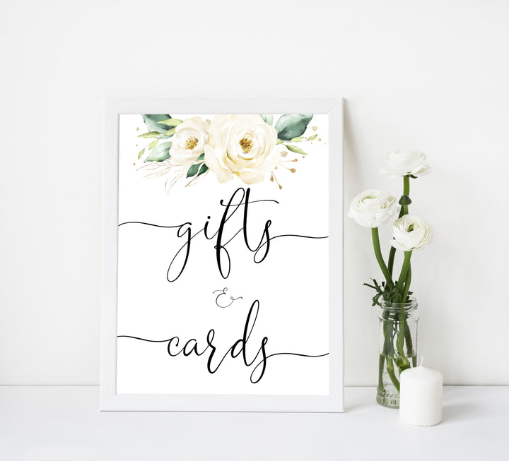 gifts and cards baby shower table signs,  White floral baby decor, printable baby table signs, printable baby decor, baby botanical table signs, fun baby signs, baby white floral fun baby table signs
