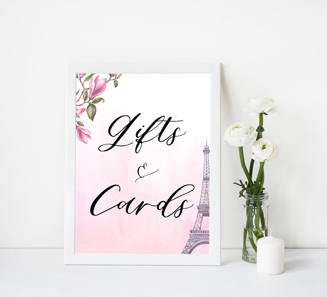 gifts and cards baby shower table signs, Paris baby shower games, printable baby shower games, Parisian baby shower games, fun baby shower games