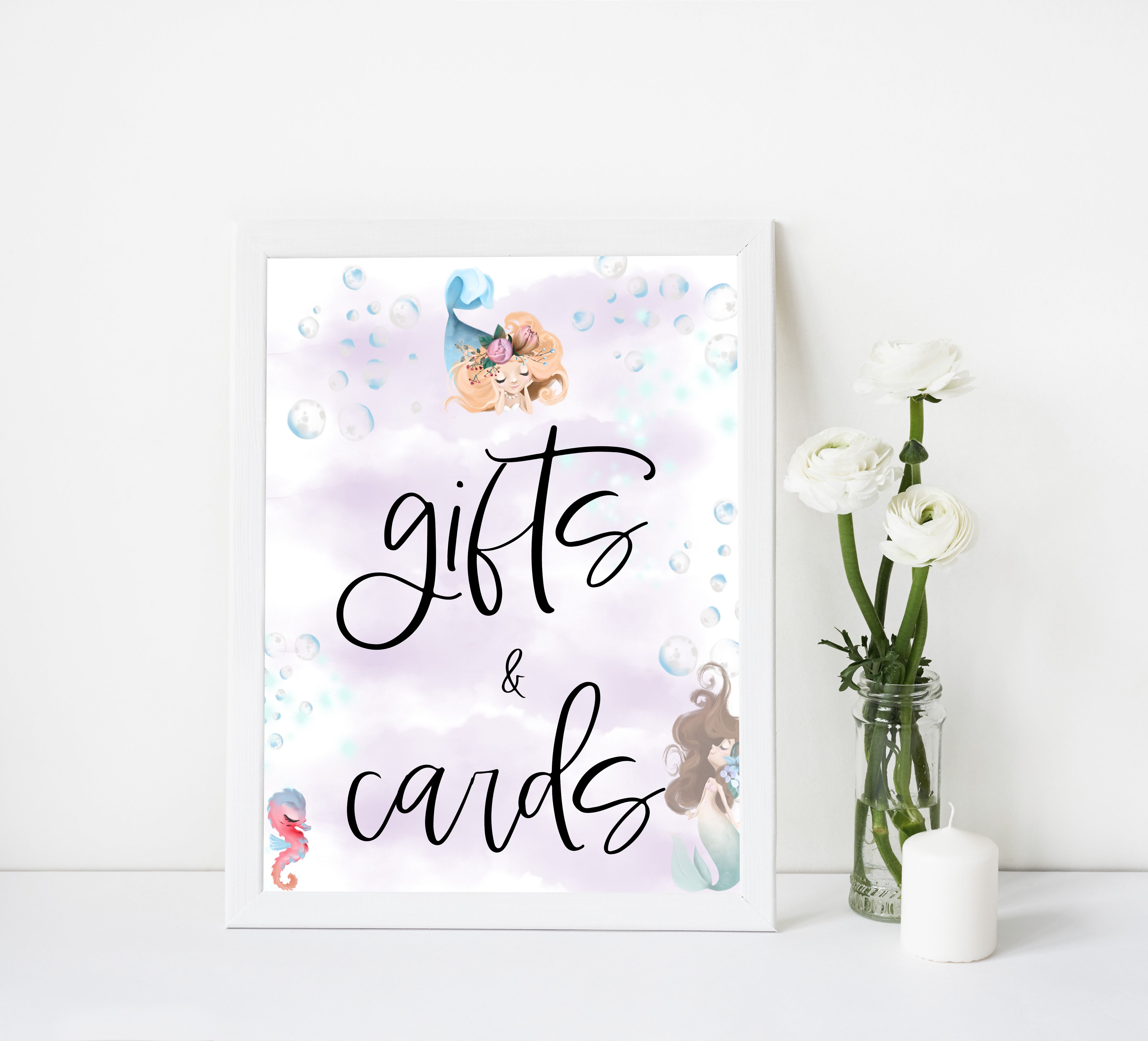 gifts and cards table sign, Little mermaid baby decor, printable baby table signs, printable baby decor, baby little mermaid table signs, fun baby signs, baby little mermaid fun baby table signs