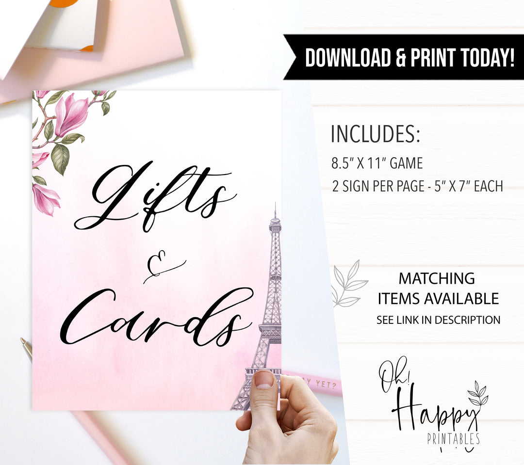 gifts and cards baby shower table signs, Paris baby shower games, printable baby shower games, Parisian baby shower games, fun baby shower games