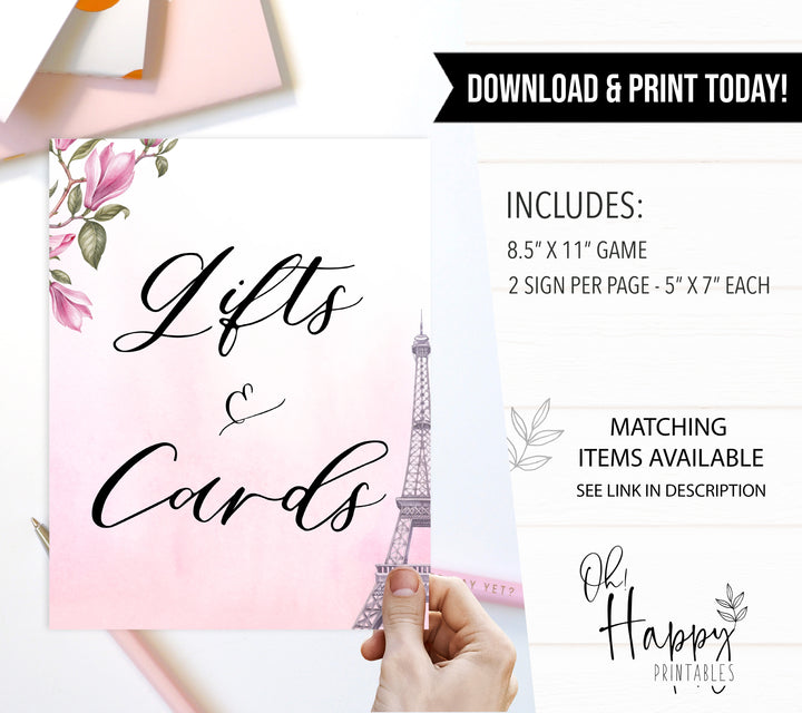 gifts and cards baby shower table signs, Paris baby shower games, printable baby shower games, Parisian baby shower games, fun baby shower games