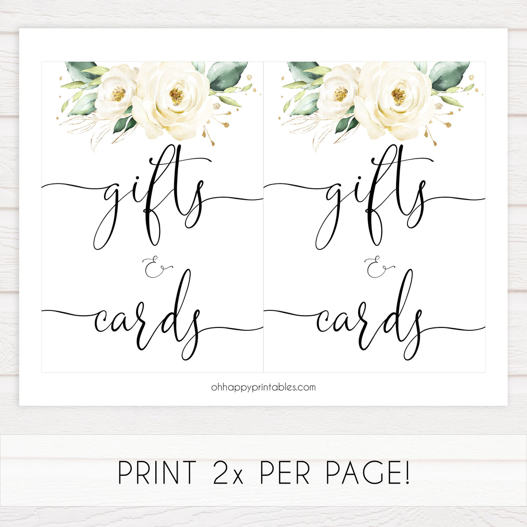 gifts and cards baby shower table signs,  White floral baby decor, printable baby table signs, printable baby decor, baby botanical table signs, fun baby signs, baby white floral fun baby table signs