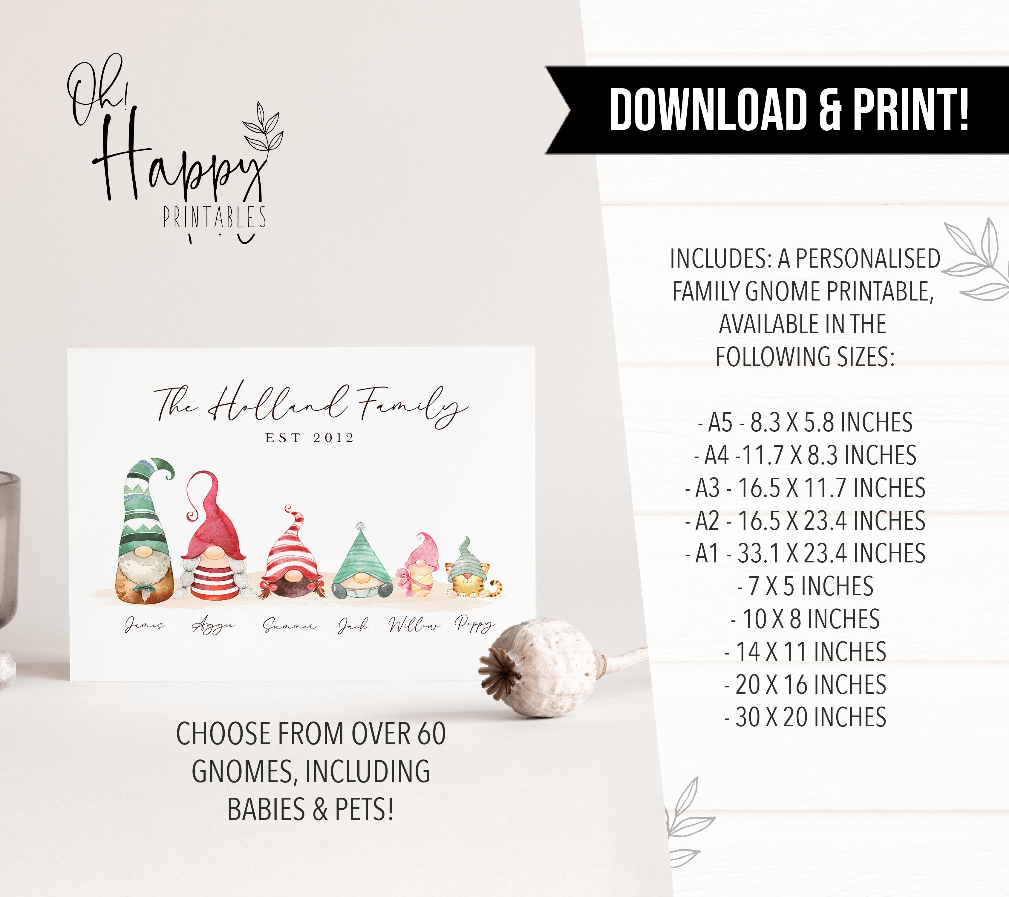 Personalised Gnome Family Print, Printable Download, Gonk Family, Custom Family Christmas Gift, Personalized Portrait, Gnome Family Portrait