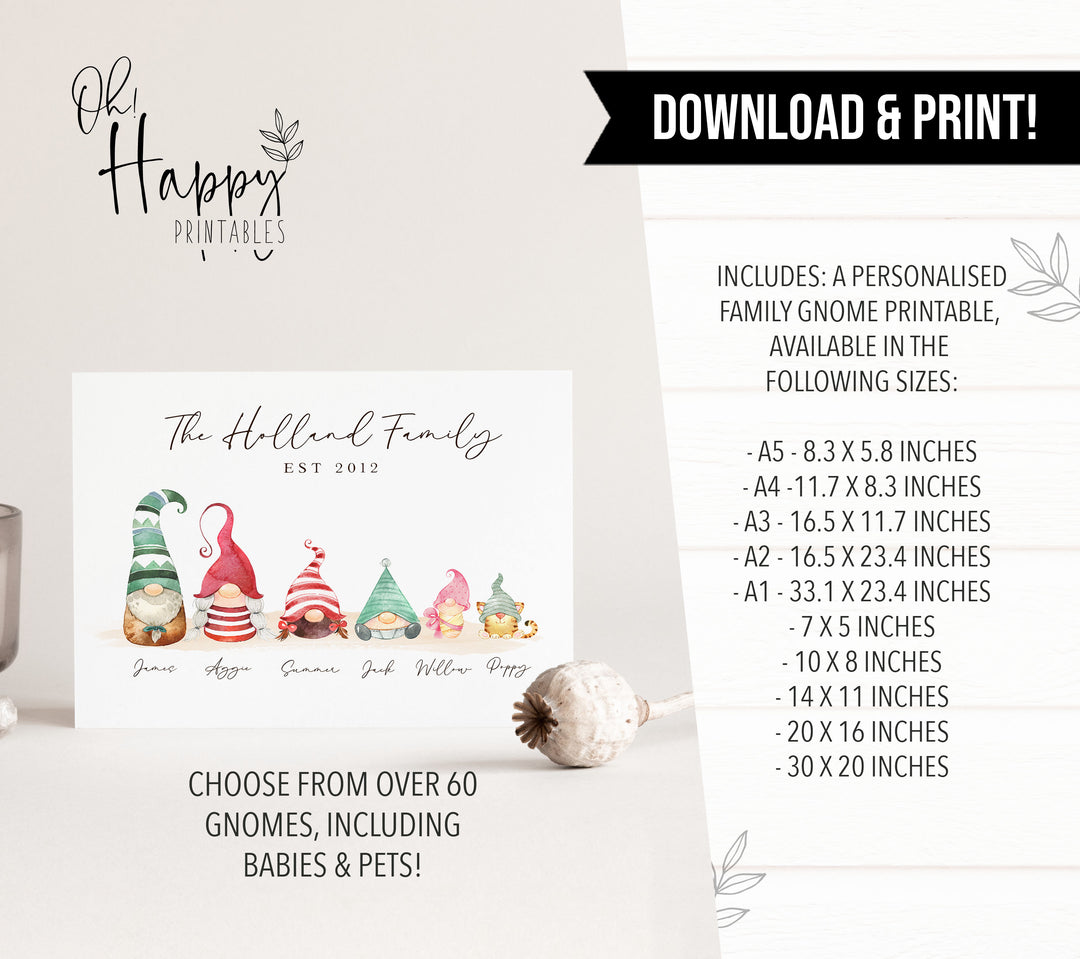 Personalised Gnome Family Print, Printable Download, Gonk Family, Custom Family Christmas Gift, Personalized Portrait, Gnome Family Portrait