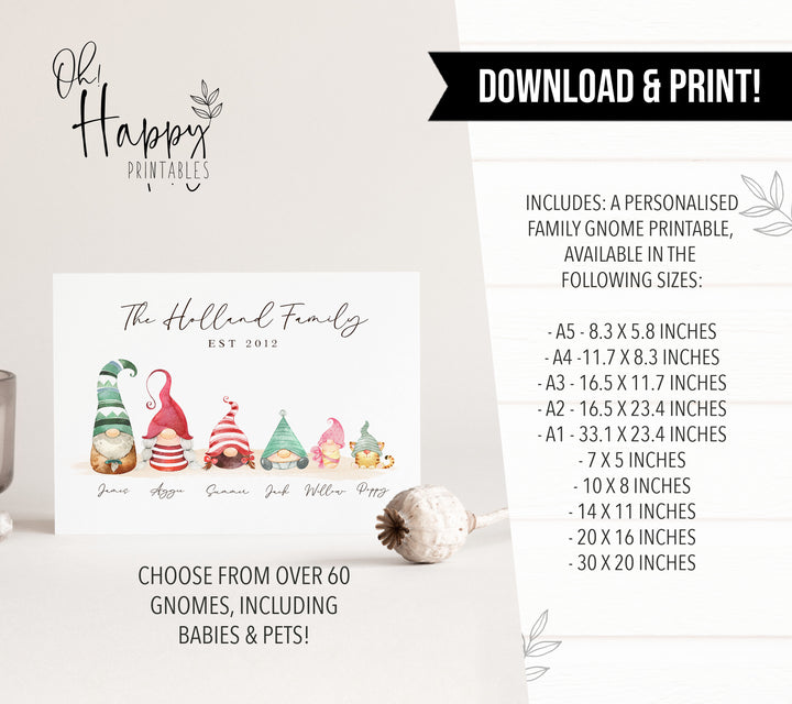 Personalised Gnome Family Print, Printable Download, Gonk Family, Custom Family Christmas Gift, Personalized Portrait, Gnome Family Portrait