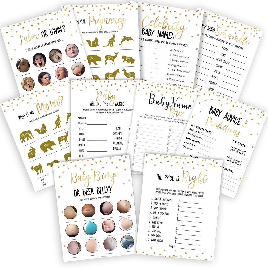 10 Gold glitter mega pack baby shower games, porn or labor games, funny baby shower games, porn or labour, baby bump or beer belly, printable baby shower games, popular baby games, fun baby games