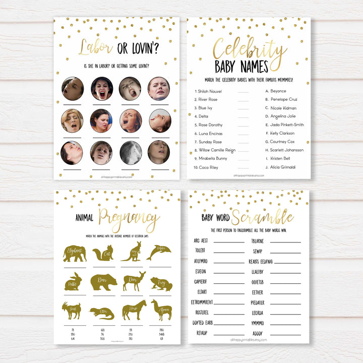 10 Gold glitter mega pack baby shower games, porn or labor games, funny baby shower games, porn or labour, baby bump or beer belly, printable baby shower games, popular baby games, fun baby games