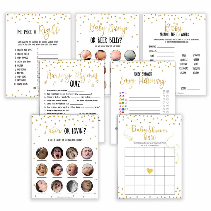 7 Gold Glitter Baby Shower Games Pack Bundle