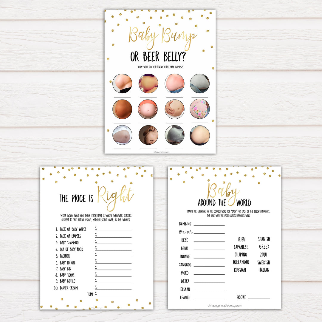 7 Gold Glitter Baby Shower Games Pack Bundle