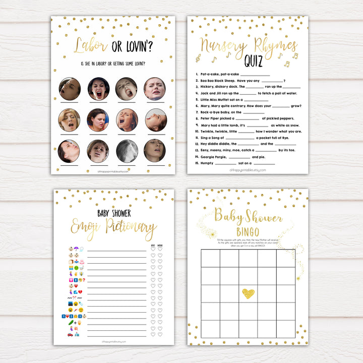7 Gold Glitter Baby Shower Games Pack Bundle