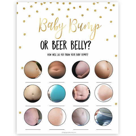 gold confetti baby bump or beer belly game, pregnant or beer belly, baby bump or beer belly game, funny baby shower games, top baby shower games