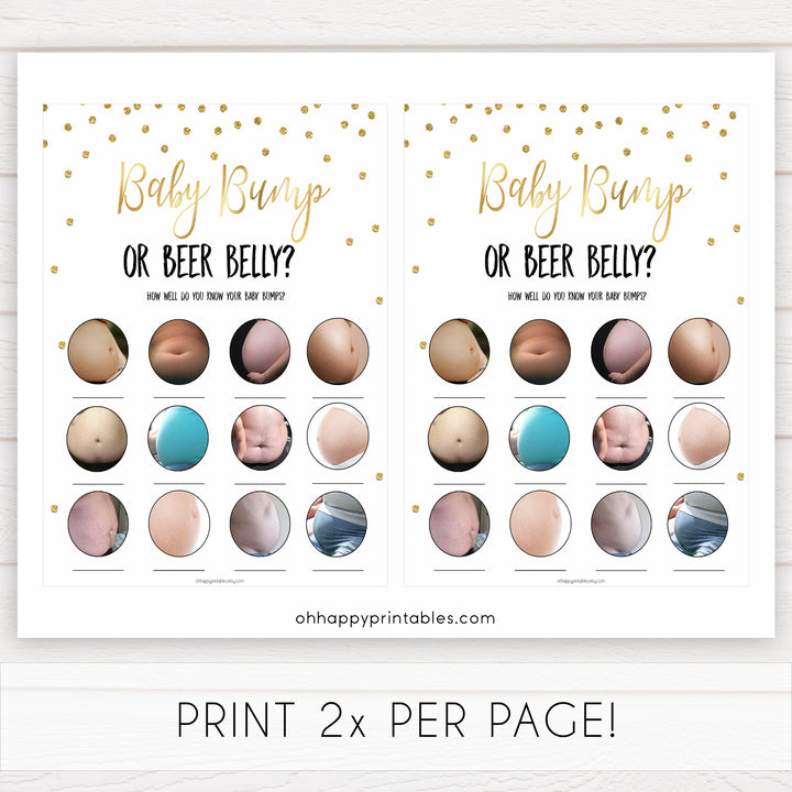 gold confetti baby bump or beer belly game, pregnant or beer belly, baby bump or beer belly game, funny baby shower games, top baby shower games