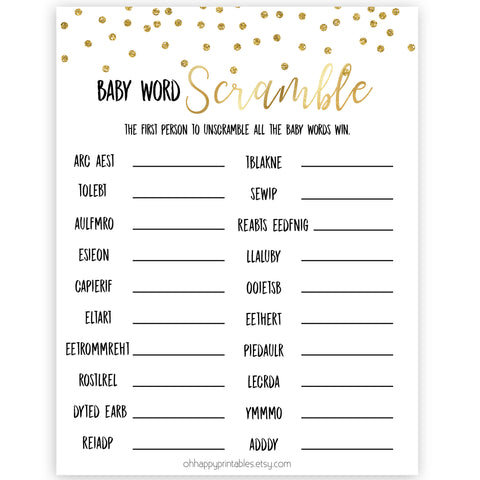 gold baby shower games, baby word scramble games, printable baby games, fun baby games, popular baby games, baby shower games, gold baby games, print baby games, gold baby shower