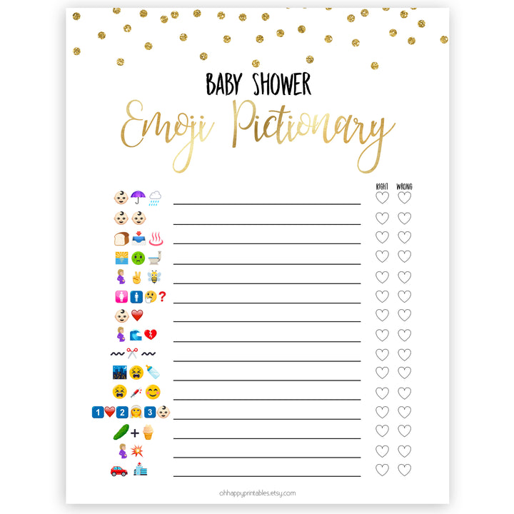 Gold Confetti Emoji Pictionary Baby Shower Games, Emoji Baby Shower Games, Gold Glitter Emoji Pictionary, Baby Shower Emoji Game, Emoji, best baby shower games, hilarious baby shower games