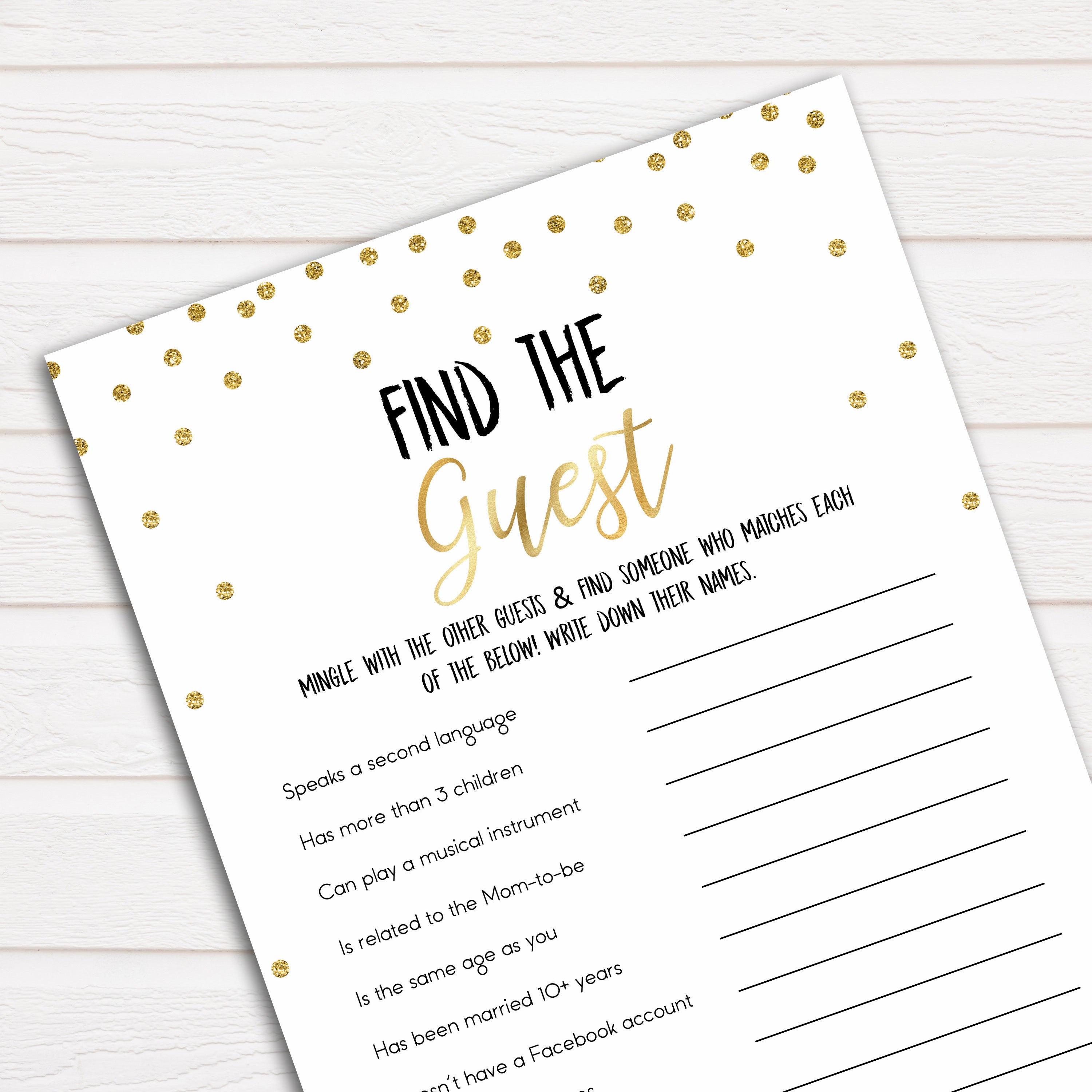 Gold Find The Guest Baby Shower Game, Find the Guest, Ice Breaker Game, Baby Shower Games, Gold Glitter Baby Shower, Find the Guest, baby shower games, best baby shower games
